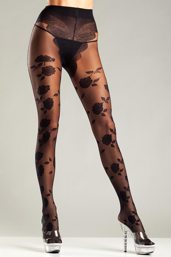 Black French Cut Pantyhose with Floral Jacquard Design. 